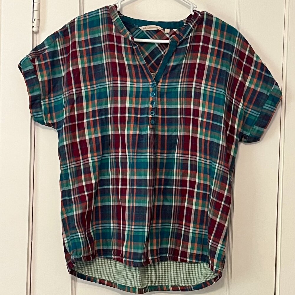Soft Surroundings Teal Navy Burgundy Plaid Short Sleeve Henley Blouse